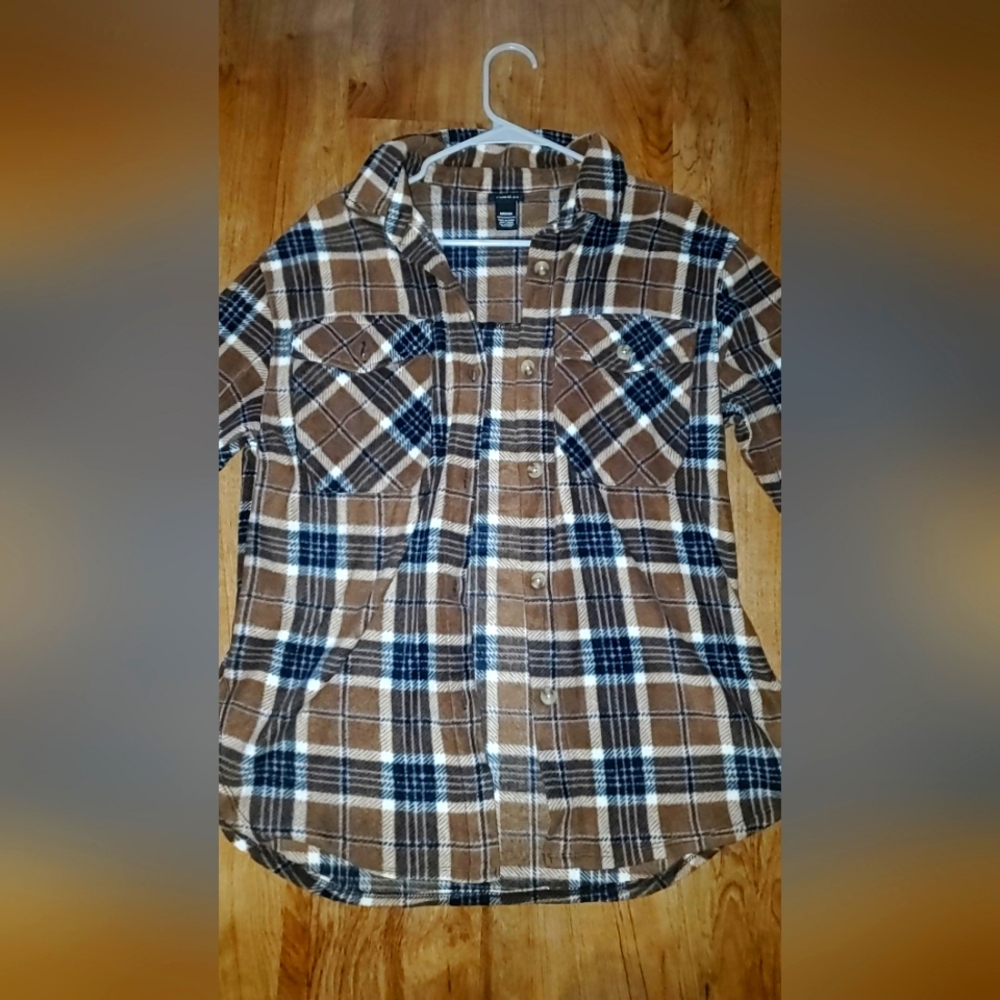 Brown Plush Plaid Print Flannel Top